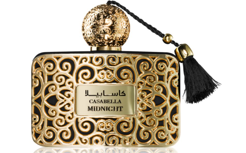 A luxury perfume bottle named Casabella Midnight by the brand Al Rasasi, featuring an ornate gold filigree pattern with black accents, a gold spherical cap, and a black tassel on a white background.