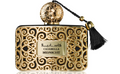 A luxury perfume bottle named Casabella Midnight by the brand Al Rasasi, featuring an ornate gold filigree pattern with black accents, a gold spherical cap, and a black tassel on a white background.