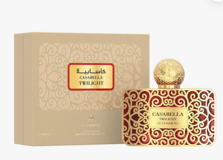 Casabella Twilight perfume bottle and its matching outer box, featuring ornate gold and red patterns on a white background.