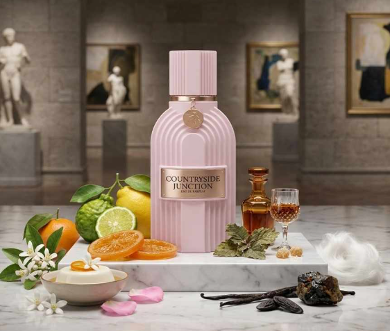 A pink ribbed perfume bottle labeled 'Countryside Junction London' stands on a marble surface in a styled indoor scene with citrus fruits, flowers, vanilla beans, a small amber bottle, a glass of amber liquid, and soft decorative props. The background shows a blurred gallery-like interior with framed art and statues.