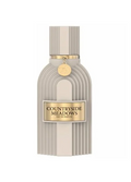 A ribbed, modern perfume bottle in a light beige/cream color with gold accents, including a gold label and a small gold medallion, on a plain white background.