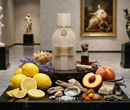 A ribbed white bottle labeled Countryside Meadows Bath & Body Works is displayed on a black marble surface surrounded by lemons, a peach, cinnamon sticks, sea shells, dried botanicals, and small amber bottles in an indoor styled setting.