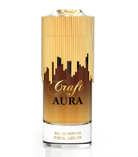 Craft Aura Eau de Parfum bottle with a gold and brown gradient design, featuring a dripping gold cap and gold lettering on a white background.