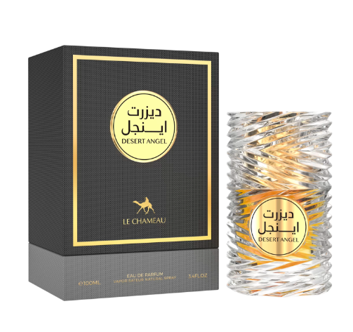 Le Chameau Desert Angel Eau de Parfum shown with its black and gold packaging box and the clear spiral glass bottle containing golden liquid, on a white background.