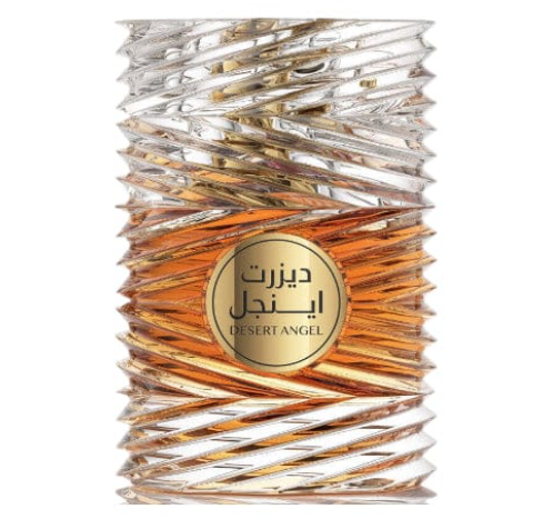 Desert Angel perfume bottle with a textured, twisted design in metallic silver and gold, featuring a central gold circular label with Arabic and English text.