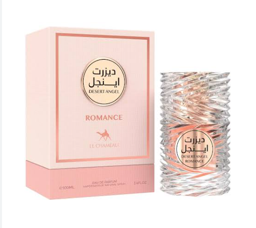 Le C'est Amourl Le Fiancail 'Romance' Eau de Parfum shown with its pink packaging box and the clear spiral glass bottle containing rose gold liquid.