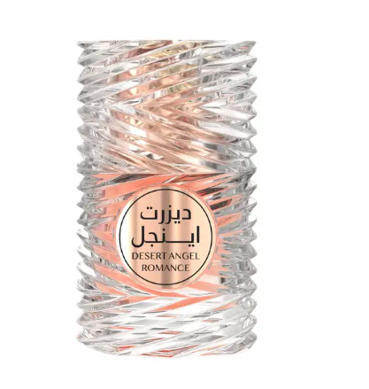 A twisted clear glass bottle of Desert Angel Romance perfume with a circular beige label featuring black Arabic and English text, set against a plain white background.
