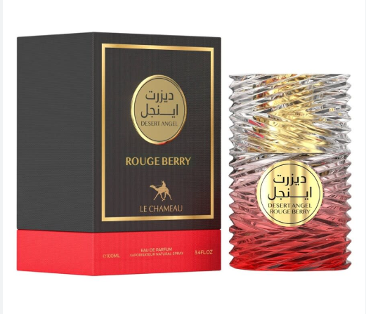 Le Chameau Rouge Berry Eau de Parfum shown with its black and red packaging box and the textured glass perfume bottle, both featuring gold labels with Arabic text.