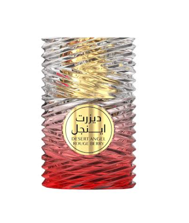 Desert Angel Rouge Berry perfume bottle with a textured spiral design, featuring a gradient from silver at the top to red at the bottom, with a gold circular label in the center.