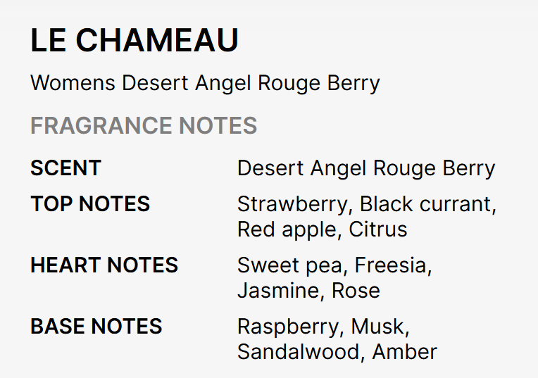 A text-based fragrance notes card for 'LE CHAMEAU' by Women's Desert Angel, showing scent, top notes, heart notes, and base notes in black and gray text on a light gray background.