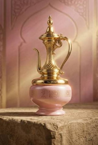A traditional Arabic coffee pot (Dallah) with a polished gold-toned metal body and a pink ceramic base, displayed on a stone surface against a pink archway background.