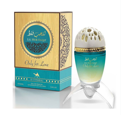 Le Chameau Lil Hur Faqat Only for Love perfume bottle and its gold and teal packaging box, displayed on a clean white background.
