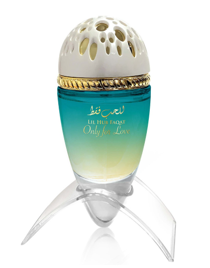 Lil' Hue Faqay Only For Love perfume bottle with a teal and yellow gradient glass body, a white perforated cap with gold trim, and a clear stand on a white background.