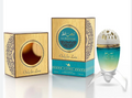 A perfume bottle and its decorative packaging boxes on a clean white background. The bottle has a teal-to-yellow gradient glass body with a white perforated cap, and the boxes are gold with turquoise accents and Arabic text reading 'Only for Love'.