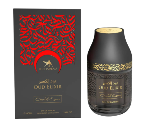 Le Chameau Oud Elixir Eau de Parfum bottle and its black packaging box with red and gold Arabic calligraphy patterns, shown on a white background.