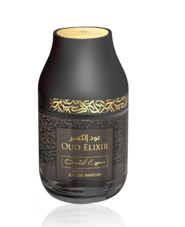 A bottle of Oud Elixir Eau de Parfum with a matte black body, gold Arabic calligraphy pattern, and a gold cap, set against a plain white background with a subtle reflection.
