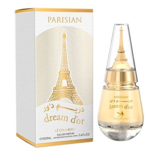 Le Châtel Parisian Dream D'or Eau de Parfum shown with its white and gold packaging box and the clear glass perfume bottle containing pale golden liquid.