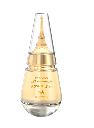 Le Chantreau Parisian Dream D'or perfume bottle with a gold Eiffel Tower design on a clear cap, set against a plain white background.