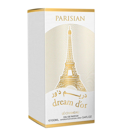 A 100ml box of Le Château Parisian Dream D'or Eau de Parfum, featuring a white and gold design with an illustration of the Eiffel Tower.