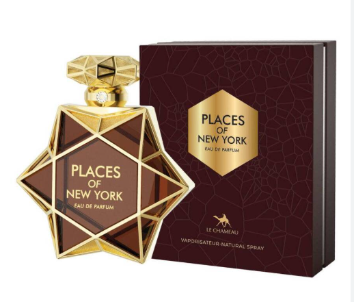 Places of New York Eau de Parfum bottle with a faceted gold and dark brown geometric design, shown next to its dark burgundy box with gold lettering.