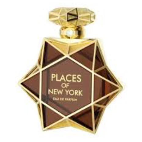 Places of New York Eau de Parfum bottle with a faceted gold geometric design and dark brown glass, on a white background.