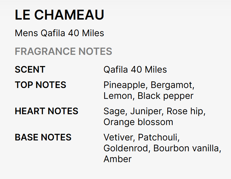 A text-based fragrance notes diagram for Le Chameau Mens Qafila 40 Miles, listing scent, top notes, heart notes, and base notes on a light gray background.