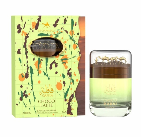 Duzai Choco Latte Eau de Parfum shown with its illustrated box and the perfume bottle. The box is lime green with orange, brown, and green paint splatters and a window showing the dark liquid inside.