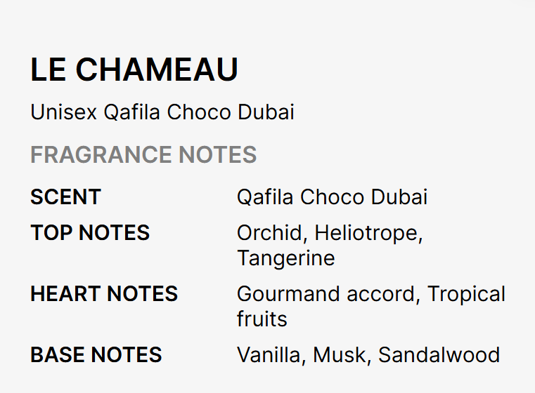 A text-based fragrance notes card for LE CHAMEAU, showing scent and top/heart/base notes in black and gray text on a light gray background.