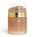 A jar of Qahila Coco Latte Gel Cream makeup, featuring a warm beige-brown shade, a gold metallic band, camel figurines on the clear cap, and gold lettering on a white background.