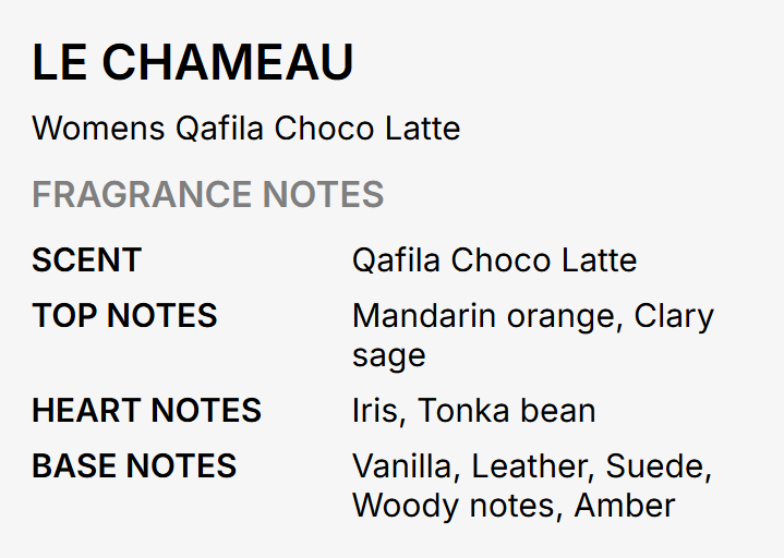 A text-based fragrance notes card for Le Chameau, showing the scent name 'Womens Qafila Choco Latte' and listing top, heart, and base notes on a light gray background.