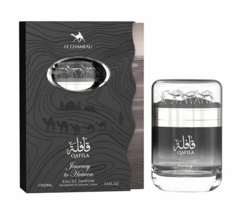 Le Chameau Qafila Journey to Heaven Eau de Parfum shown with its dark gray patterned box and the clear glass perfume bottle on a white background.