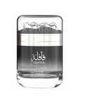 A bottle of Qafila Journey for Men cologne, featuring a clear glass bottle with a black-to-clear gradient body, a silver metallic band, and a clear cap decorated with a camel silhouette.