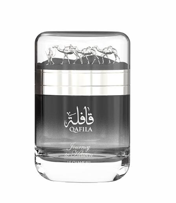 A bottle of Qafila Journey for Men cologne, featuring a clear glass bottle with a black-to-clear gradient body, a silver metallic band, and a clear cap decorated with a camel silhouette.