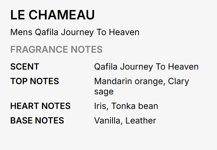 A text-based fragrance notes card for LE CHAMEAU, showing the scent name and breakdown of top, heart, and base notes in black and gray text on a light gray background.
