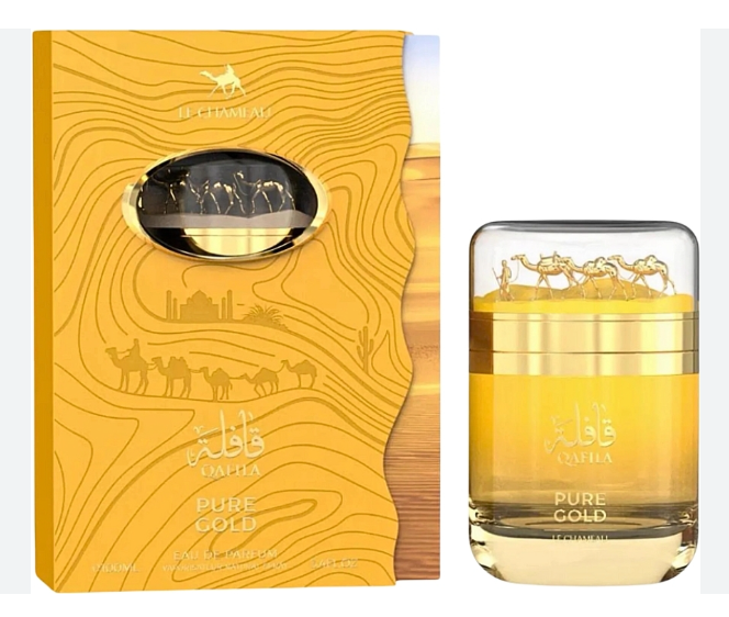 A bottle of Qafla Pure Gold Eau de Parfum next to its decorative gold and yellow packaging box, featuring camel silhouettes and the Qafla brand logo.