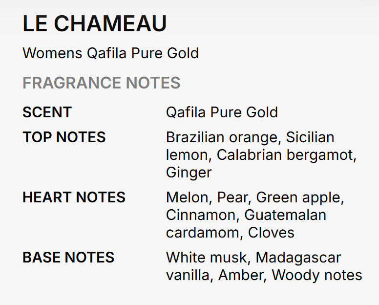 A text-based fragrance note chart for Le Chameau by Womens Qafila Pure Gold, listing scent, top notes, heart notes, and base notes on a light gray background.