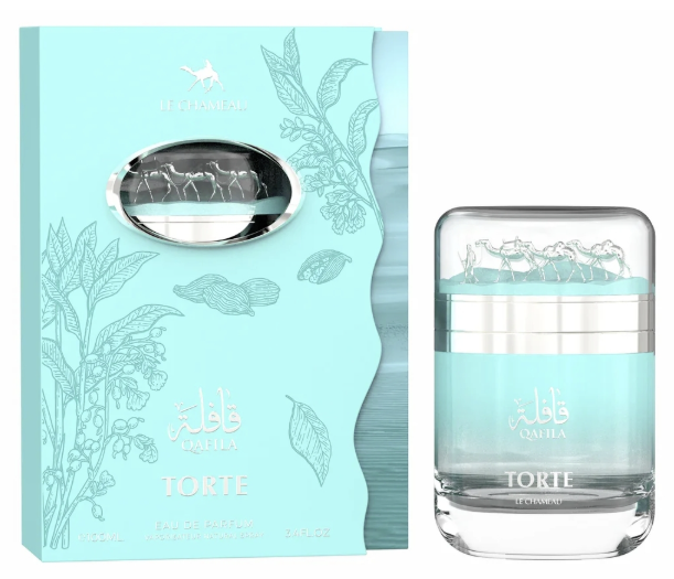 Aqua Blue Gafliya Torte perfume bottle and its matching gift box, featuring a light turquoise color with silver metallic accents and illustrations of camels and botanicals.