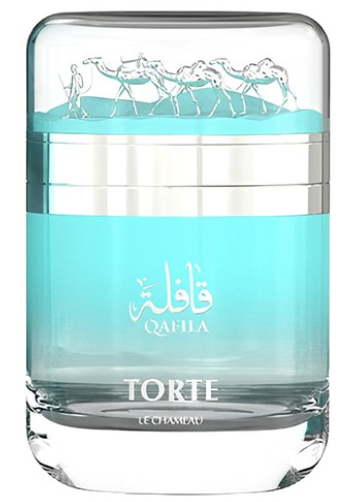 A bottle of Le Chantier du Maroc Torte Qahla Eau de Parfum, featuring a clear glass bottle with a vibrant turquoise blue label, silver metallic bands, and a camel illustration on the cap.