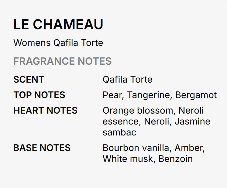 A text-based fragrance notes card for Le Chameau by Womens Qafila Torte, listing scent, top notes, heart notes, and base notes on a light gray background.