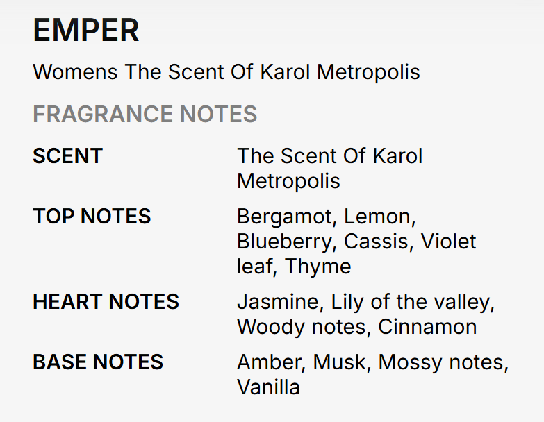 A text-based fragrance notes card for the Emper Women's The Scent Of Karol Metropolis, listing scent, top notes, heart notes, and base notes on a light gray background.
