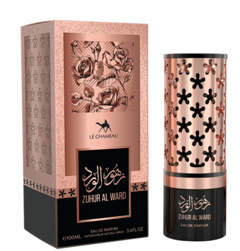 Le Chameau Zuhur Al Ward Eau de Parfum shown with its retail box and cylindrical bottle. The packaging and bottle feature a metallic rose gold design with black floral cutouts and black lower sections, alongside Arabic calligraphy and the brand name Le Chameau.