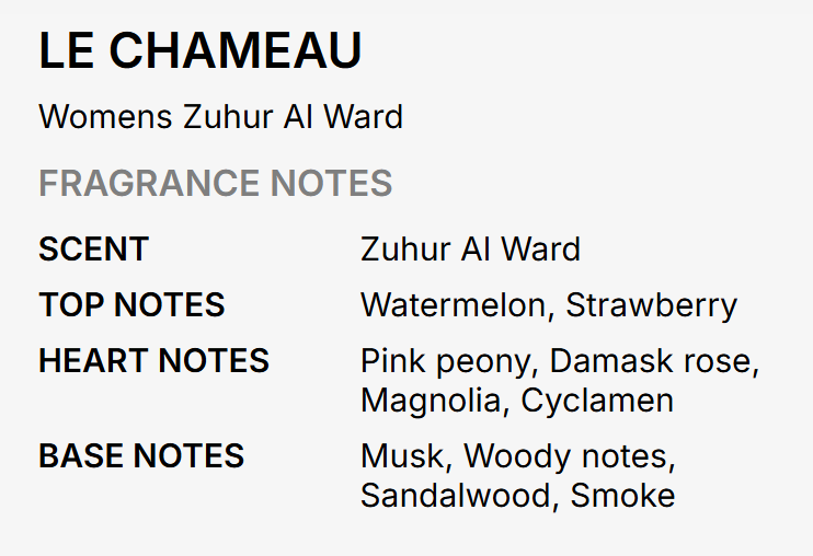 A text-based fragrance notes card for LE CHAMEAU by Womens Zuhur Al Ward, listing scent, top notes, heart notes, and base notes on a light gray background.