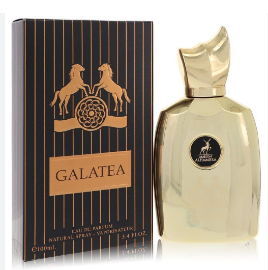 Galatea Eau de Parfum by Alhambra, showing the gold and black striped bottle next to its matching black and gold box.