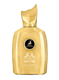 A gold-colored perfume bottle with a unique sculpted cap, featuring a black circular logo with a horse rider and the text 'AL HAMRA' and 'GALATEA' printed on the front.
