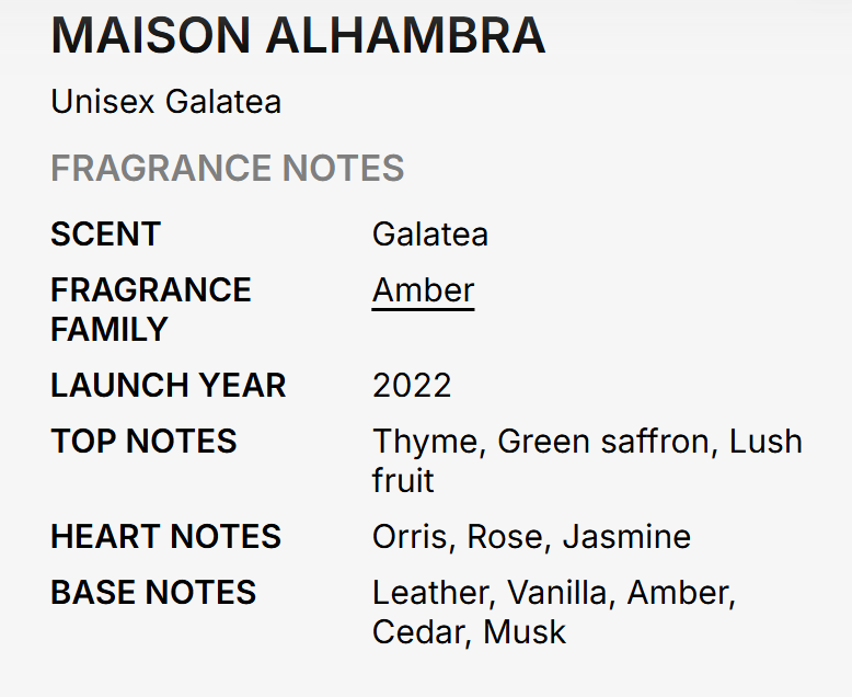 A text-based fragrance notes card for Maison Alhambra Unisex Galatea, detailing the scent as Amber with notes of Thyme, Green saffron, Lush fruit, Orris, Rose, Jasmine, Leather, Vanilla, Cedar, and Musk.
