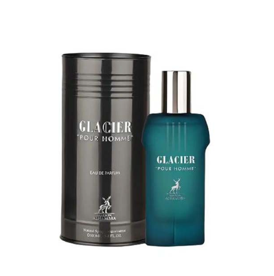 Glacier Pour Homme Eau de Parfum bottle in teal blue next to its black cylindrical packaging box, on a plain white background.