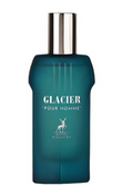 Glacier Pour Homme cologne bottle in a dark teal blue color with a shiny silver cap, on a plain white background.