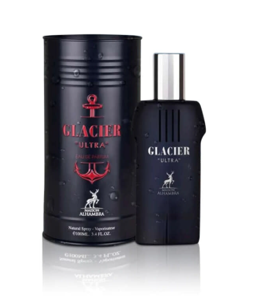 Glacier Ultra by Alhambra cologne shown with a black cylindrical box and a matching black spray bottle with a silver cap on a white background.