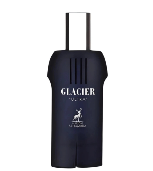 Glacier Ultra by Baron Althambera fragrance bottle in a dark navy blue color with white text and logo, shown on a plain white background.