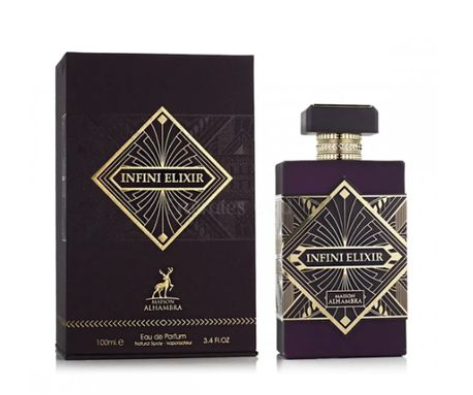 Alhambra Infini Elixir Eau de Parfum bottle and its matching dark purple packaging box, both featuring a gold geometric diamond design and the product name.
